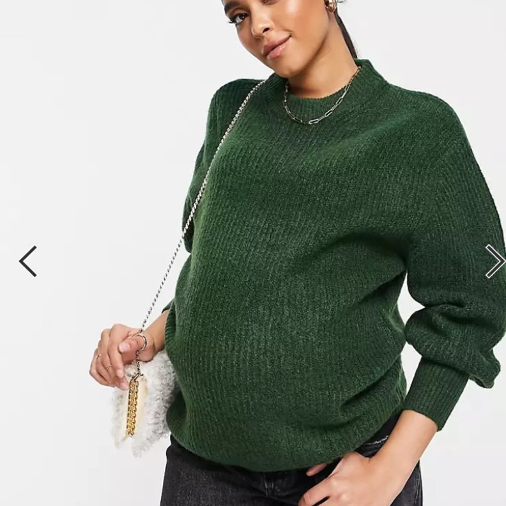 ASOS DESIGN Maternity ribbed crew neck sweater with fluffy yarn in dark green 8